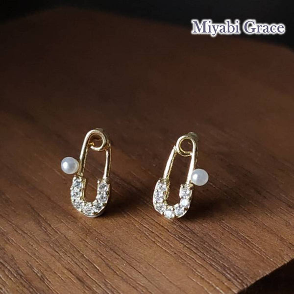 Safety Pin Gold Pearl and Crystal Rhinestone Invisible Clip On Stud Earrings