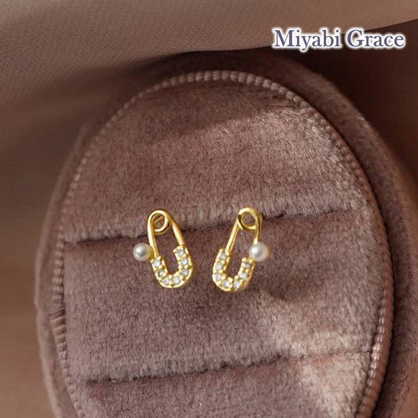 Safety Pin Gold Pearl and Crystal Rhinestone Invisible Clip On Stud Earrings