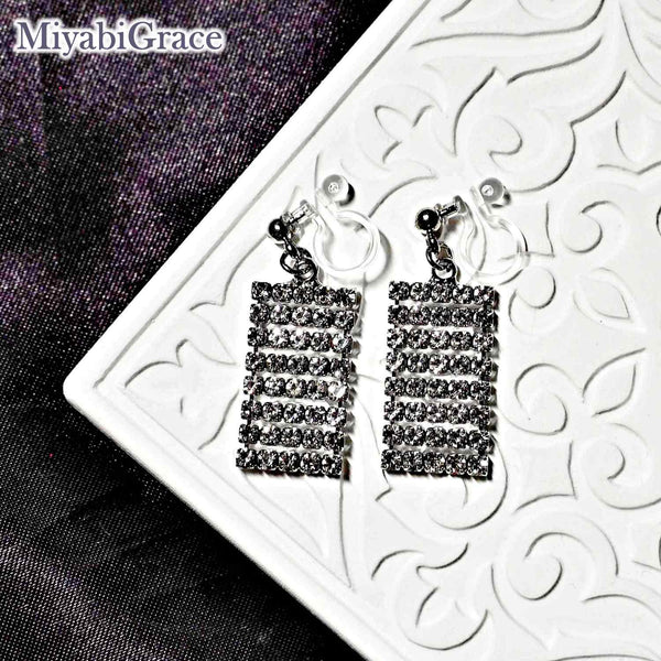 Dangle Chic Rectangular Rhinestone Crystal Invisible Clip-On Earrings
