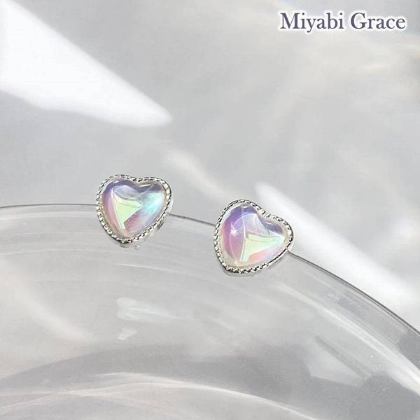 Silver Clear Crystal Heart Invisible Clip On Stud Earrings