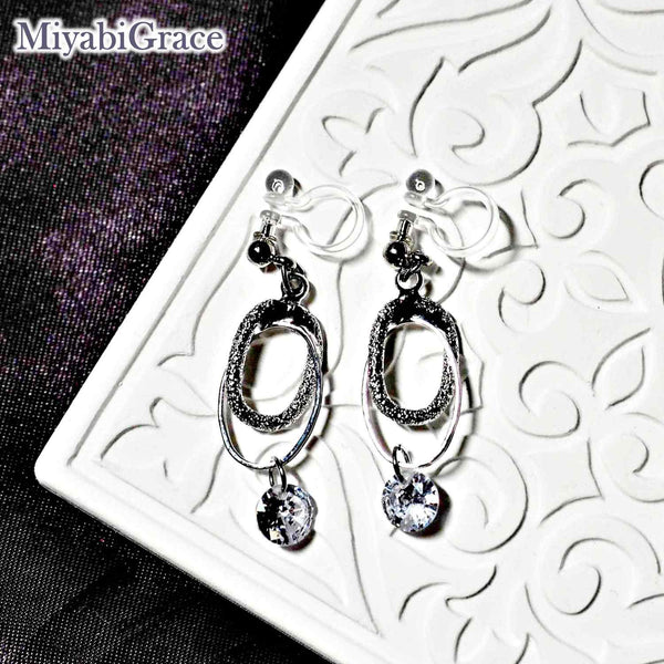 Double Oval Hoop with Cubic Zirconia Invisible Clip On Earrings