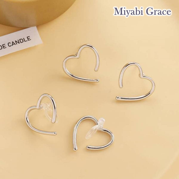 Silver Large Open Heart Invisible Clip On Stud Earrings