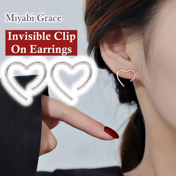 Silver Large Open Heart Invisible Clip On Stud Earrings