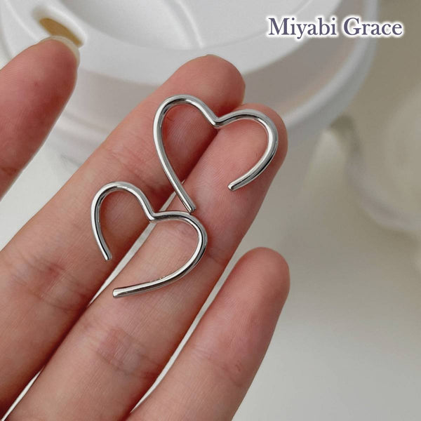 Silver Large Open Heart Invisible Clip On Stud Earrings