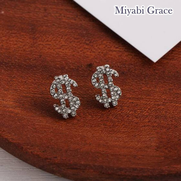 Small Silver $ Dollar Mark Crystal Rhinestone Invisible Clip On Stud Earrings