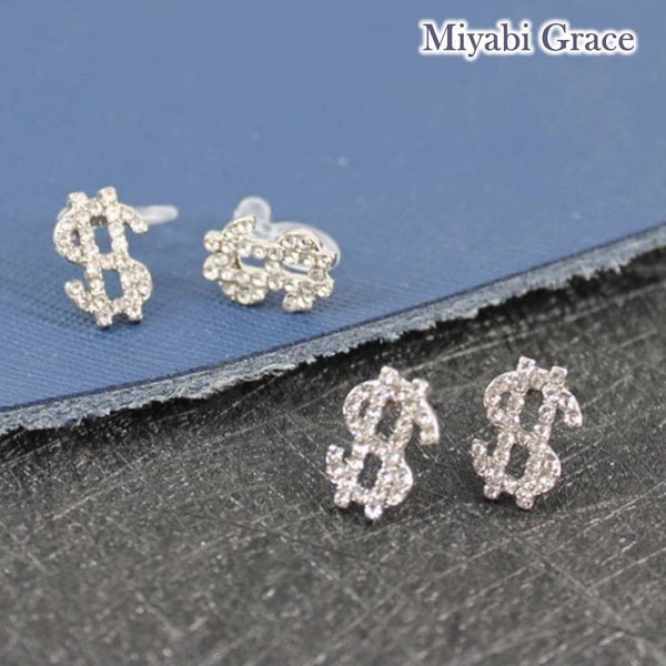 Small Silver $ Dollar Mark Crystal Rhinestone Invisible Clip On Stud Earrings