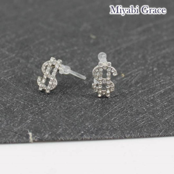 Small Silver $ Dollar Mark Crystal Rhinestone Invisible Clip On Stud Earrings