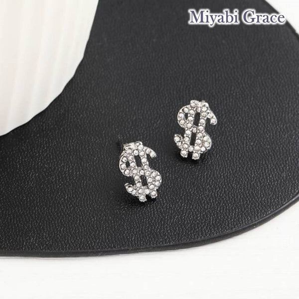 Small Silver $ Dollar Mark Crystal Rhinestone Invisible Clip On Stud Earrings