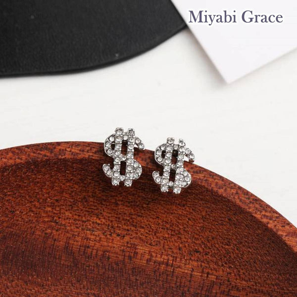 Small Silver $ Dollar Mark Crystal Rhinestone Invisible Clip On Stud Earrings