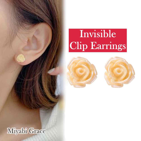 Small White / Light Orange Rose Invisible Clip On Earrings