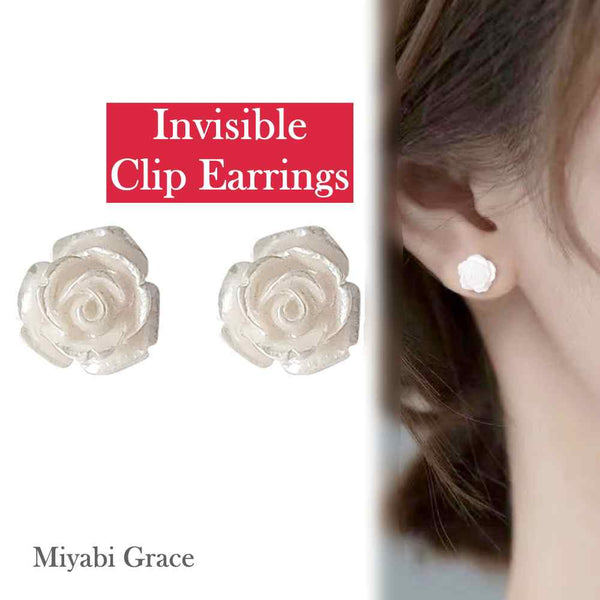 Small White / Light Orange Rose Invisible Clip On Earrings