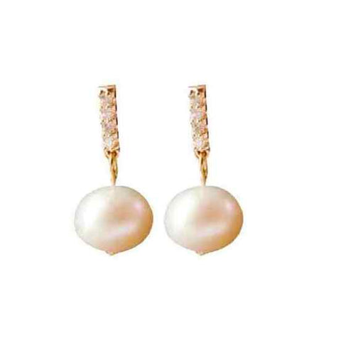 White Freshwater Pearl & Cubic Zirconia Crystal CZ Bar Gold Coil Clip On Earrings