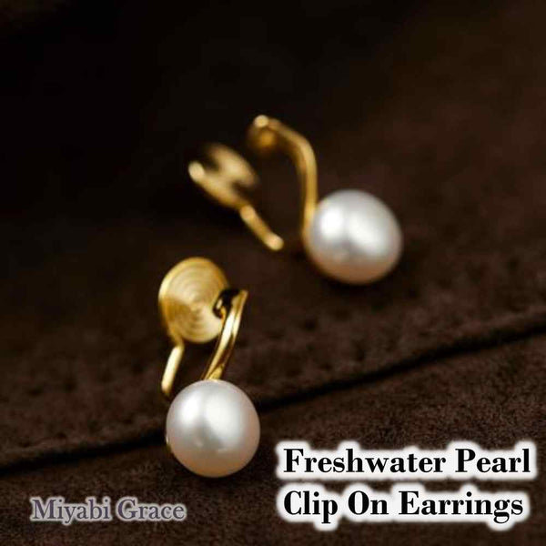 White Freshwater Pearl & Gold Hoop Coil Clip On Earrings