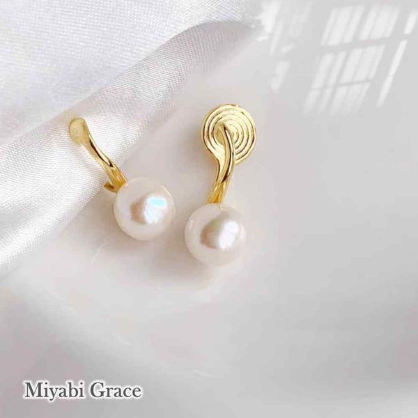 White Freshwater Pearl & Gold Hoop Coil Clip On Earrings