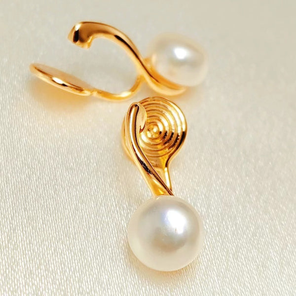 White Freshwater Pearl & Gold Hoop Coil Clip On Earrings