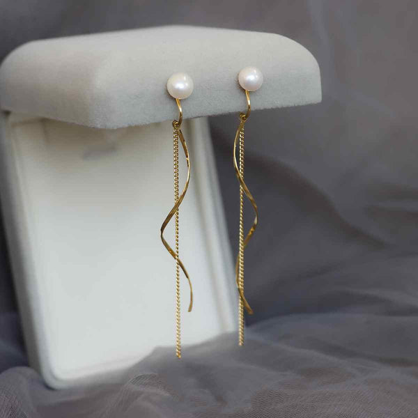 White Freshwater Pearl Stud Dangle Gold Wave Bar Coil ClipOn Earrings