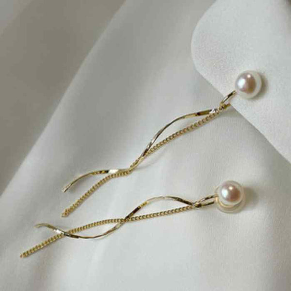 White Freshwater Pearl Stud Dangle Gold Wave Bar Coil ClipOn Earrings