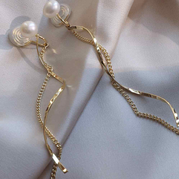 White Freshwater Pearl Stud Dangle Gold Wave Bar Coil ClipOn Earrings
