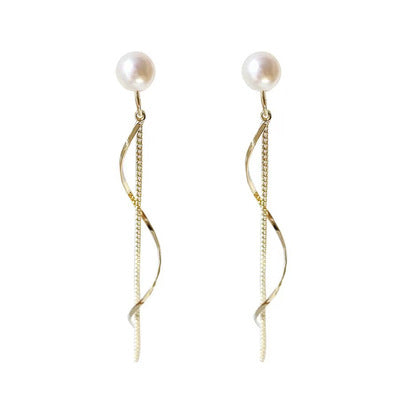 White Freshwater Pearl Stud Dangle Gold Wave Bar Coil ClipOn Earrings