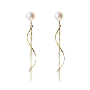 White Freshwater Pearl Stud Dangle Gold Wave Bar Coil ClipOn Earrings