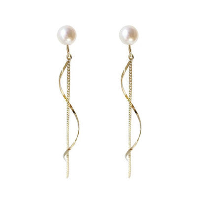 White Freshwater Pearl Stud Dangle Gold Wave Bar Coil ClipOn Earrings