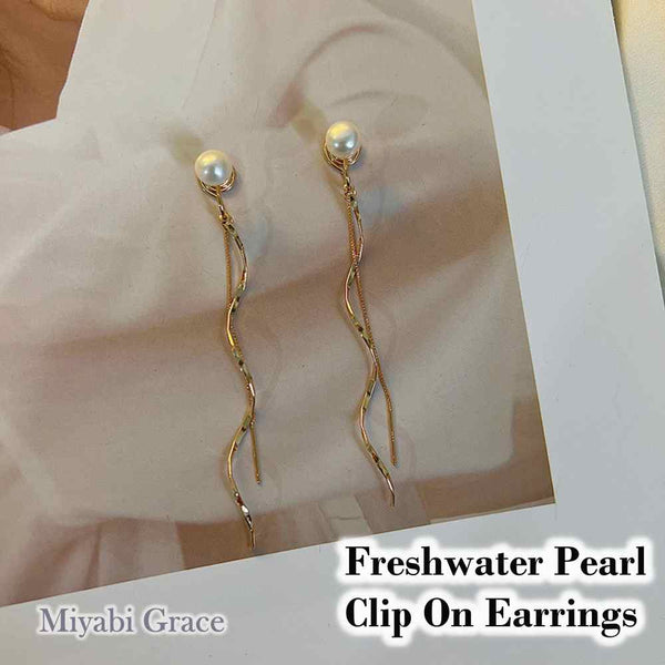 White Freshwater Pearl Stud Dangle Gold Wave Bar Coil ClipOn Earrings