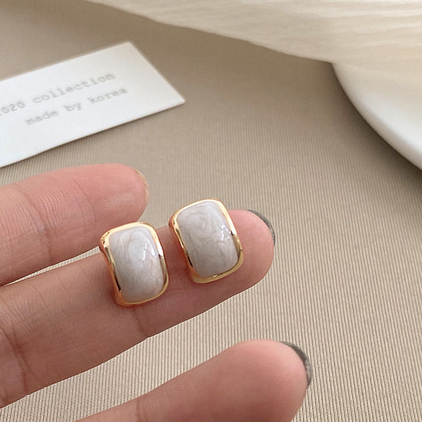 White Marble Rectangular Gold Coil Clip On Earrings