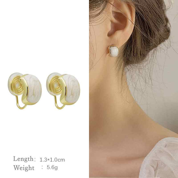 White Marble Rectangular Gold Coil Clip On Earrings