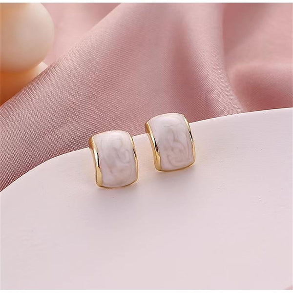 White Marble Rectangular Gold Coil Clip On Earrings