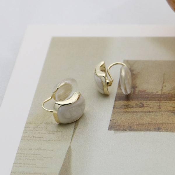 White Marble Rectangular Gold Coil Clip On Earrings