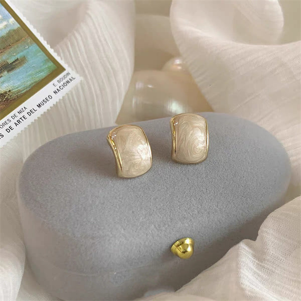 White Marble Rectangular Gold Coil Clip On Earrings