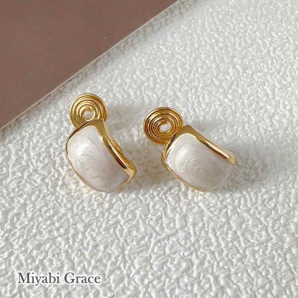 White Marble Rectangular Gold Coil Clip On Earrings