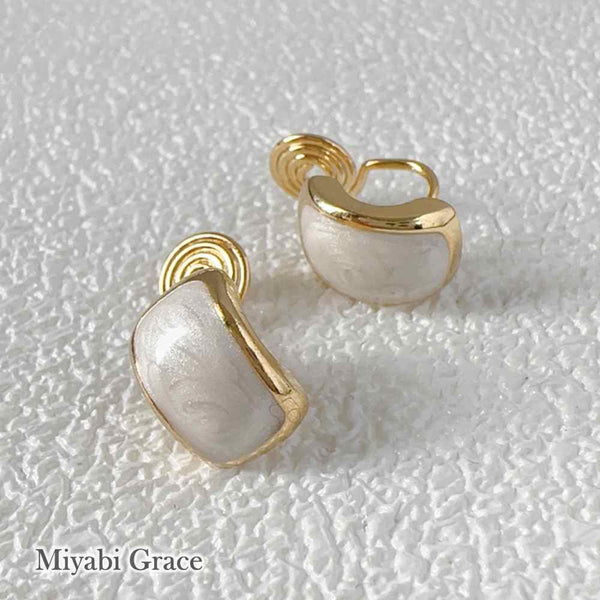 White Marble Rectangular Gold Coil Clip On Earrings