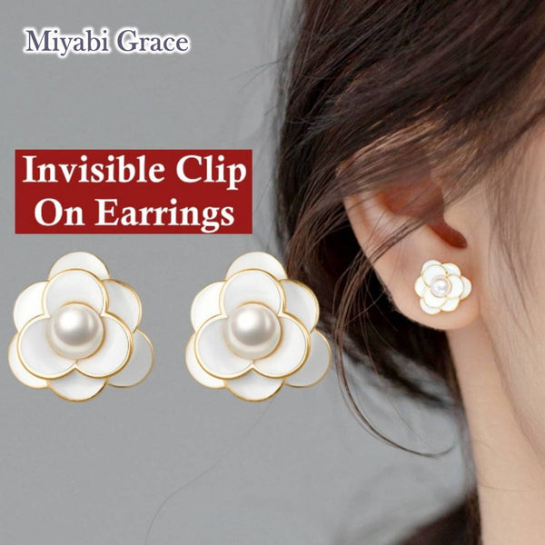 Small White Rose Flower Invisible Clip On Stud Earrings