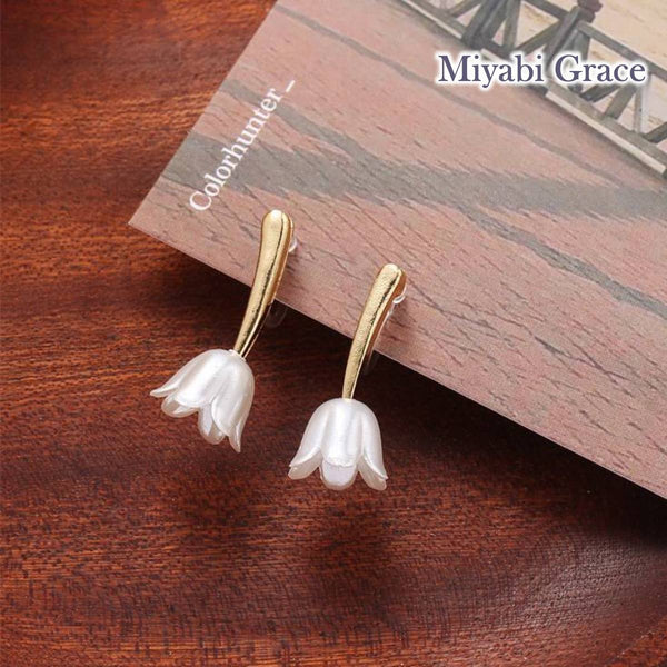 White Tulip Flower Gold Invisible Clip On Stud Earrings