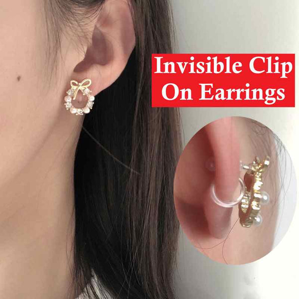 White Flower Wreath Crystal Rhinestone Invisible Clip On Stud Earrings