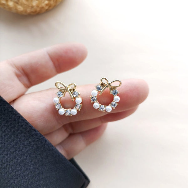 White Flower Wreath Crystal Rhinestone Invisible Clip On Stud Earrings