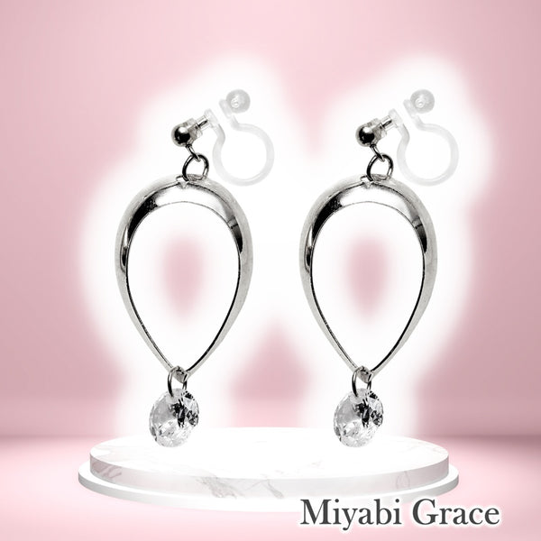 Dangle Teardrop CZ Cubic Zirconia Crystal Invisible Clip On Earrings