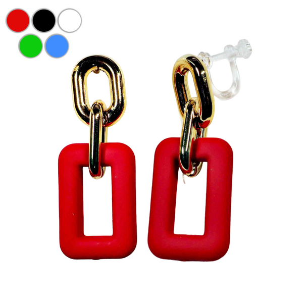Red/Black/White/Green/Blue & Gold Rectangular Invisible Clip On Hoop Screw-Back Earrings