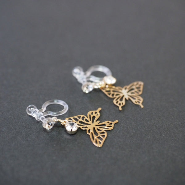Whisper Wings Filigree Butterfly Invisible Clip-On Earrings | Dainty Design with Rhinestone Accents
