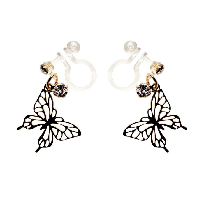 Whisper Wings Filigree Butterfly Invisible Clip-On Earrings | Dainty Design with Rhinestone Accents