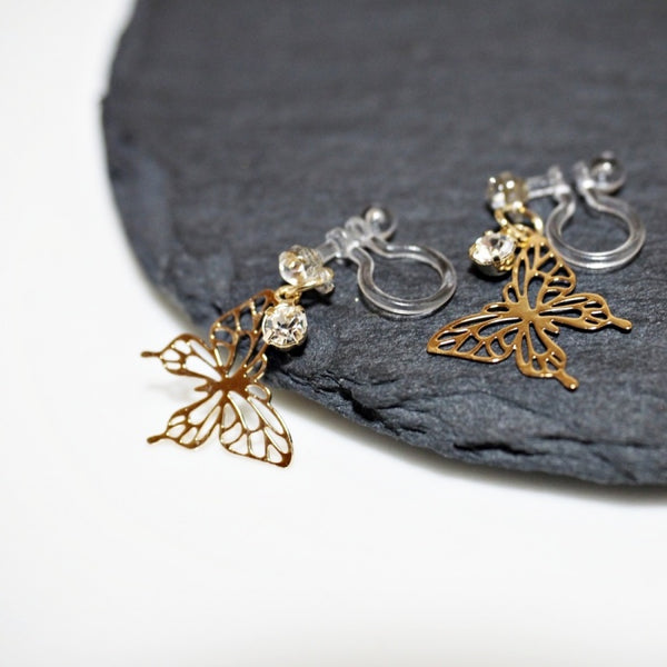 Whisper Wings Filigree Butterfly Invisible Clip-On Earrings | Dainty Design with Rhinestone Accents