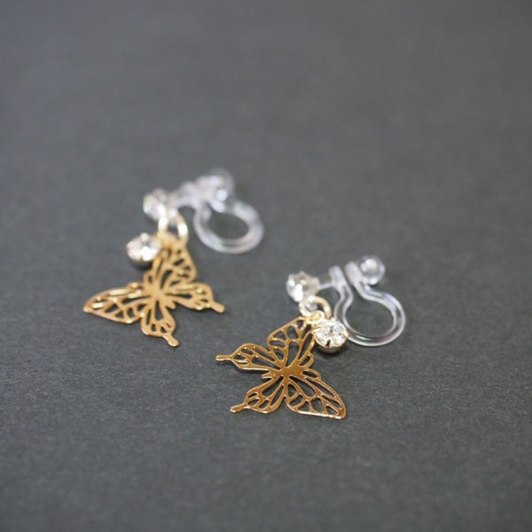 Whisper Wings Filigree Butterfly Invisible Clip-On Earrings | Dainty Design with Rhinestone Accents