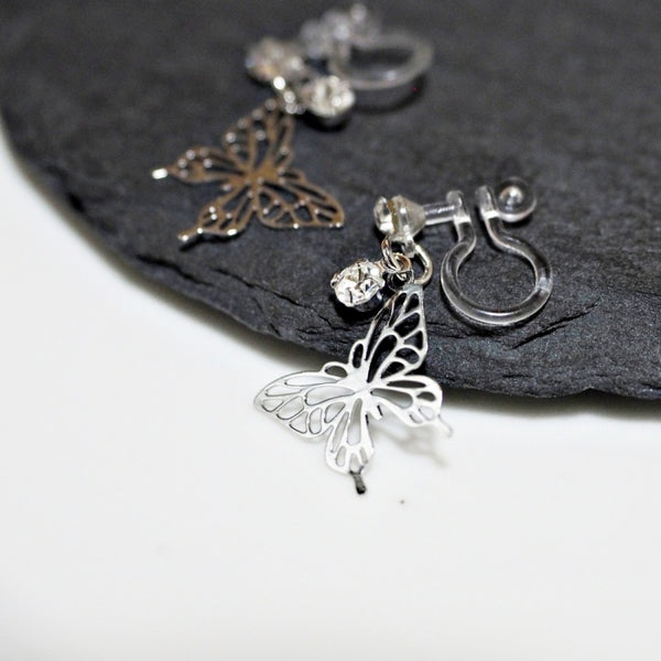 Whisper Wings Filigree Butterfly Invisible Clip-On Earrings | Dainty Design with Rhinestone Accents