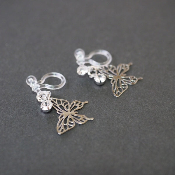 Whisper Wings Filigree Butterfly Invisible Clip-On Earrings | Dainty Design with Rhinestone Accents