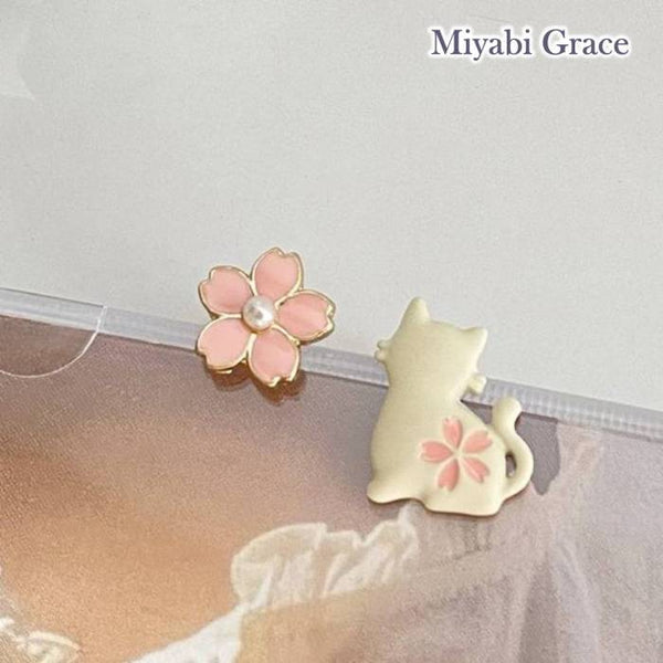 Cheery Blossom and White Cat Invisible Clip On Stud Earrings