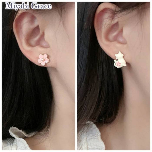 Cheery Blossom and White Cat Invisible Clip On Stud Earrings