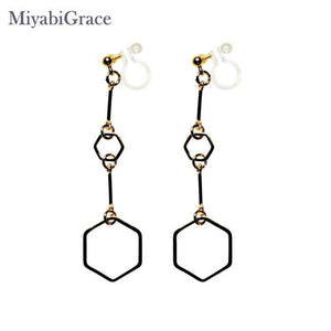 Contemporary Gold Hexagon Long Chain Dangle Invisible Clip-On Earrings | Elegantly Lightweight