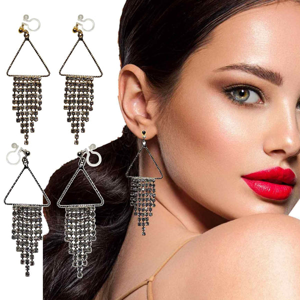 Dangle Geometric Gradated Rhinestone Invisible Clip-On Earrings