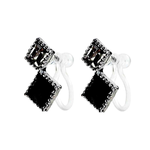 Square Black & Clear Swarovski Crystal Invisible Clip On Stud Earrings
